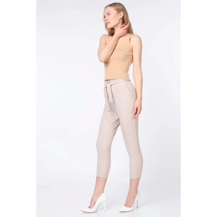 Kadın Kumaş Pantolon Kuşak Detay Bej