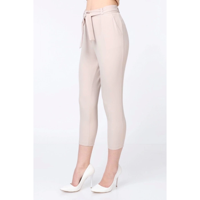 Kadın Kumaş Pantolon Kuşak Detay Bej