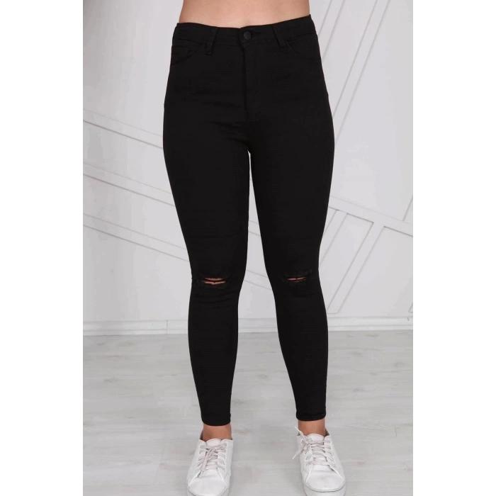 Kadın Siyah Diz Yırtık Detay Süper Esnek Yüksek Bel Jean