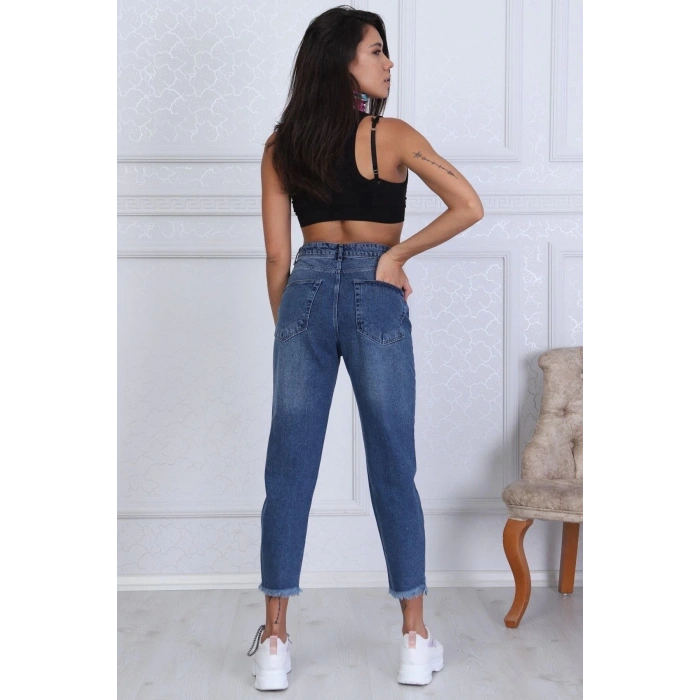 Kadın Mom Jeans Yüksek Bel Lazer Detay
