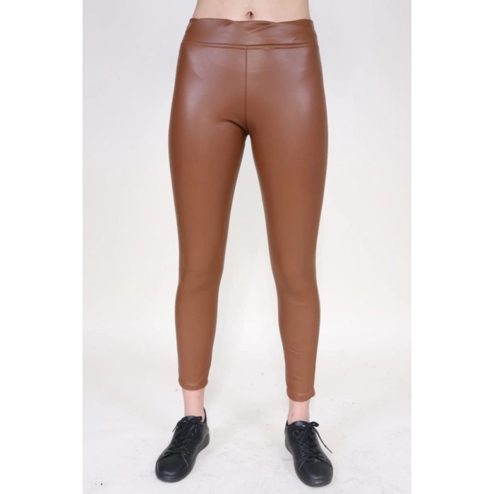 Kadın Camel Içi Polarlı Yüksek Bel Deri Görünümlü Tayt
