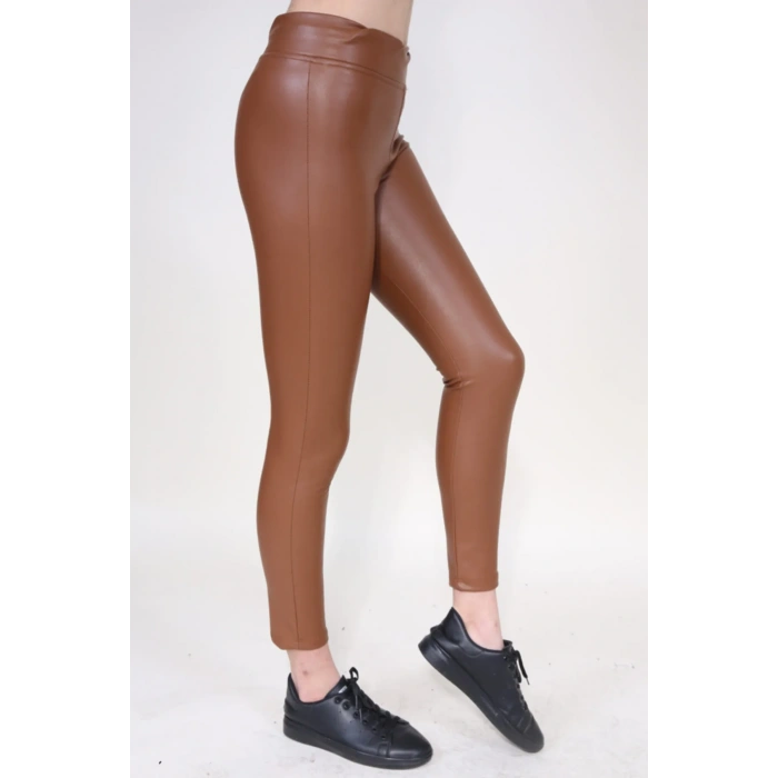 Kadın Camel Içi Polarlı Yüksek Bel Deri Görünümlü Tayt