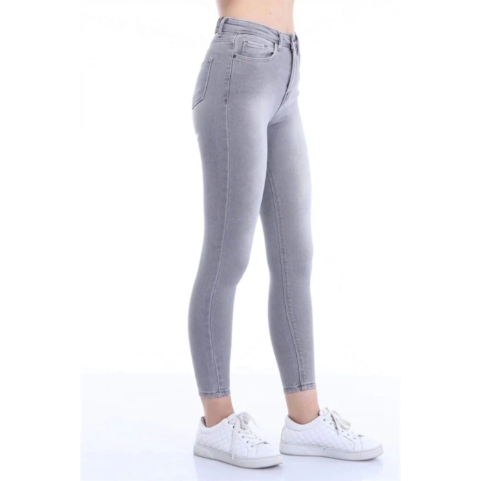 Kadın Gri Likralı Yüksek Bel Skinny Jean