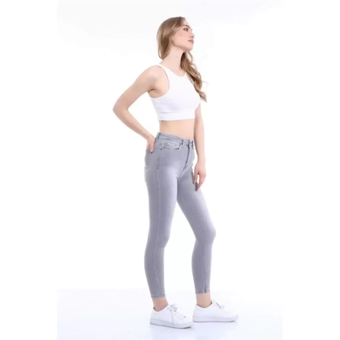 Kadın Gri Likralı Yüksek Bel Skinny Jean