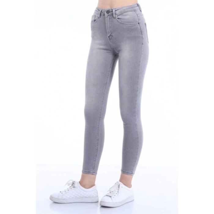 Kadın Gri Likralı Yüksek Bel Skinny Jean