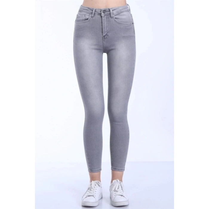 Kadın Gri Likralı Yüksek Bel Skinny Jean
