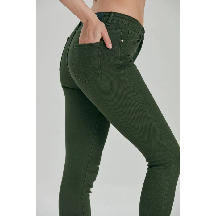 Kadın Skinny Fit Yüksek Bel Jeans Haki Likralı