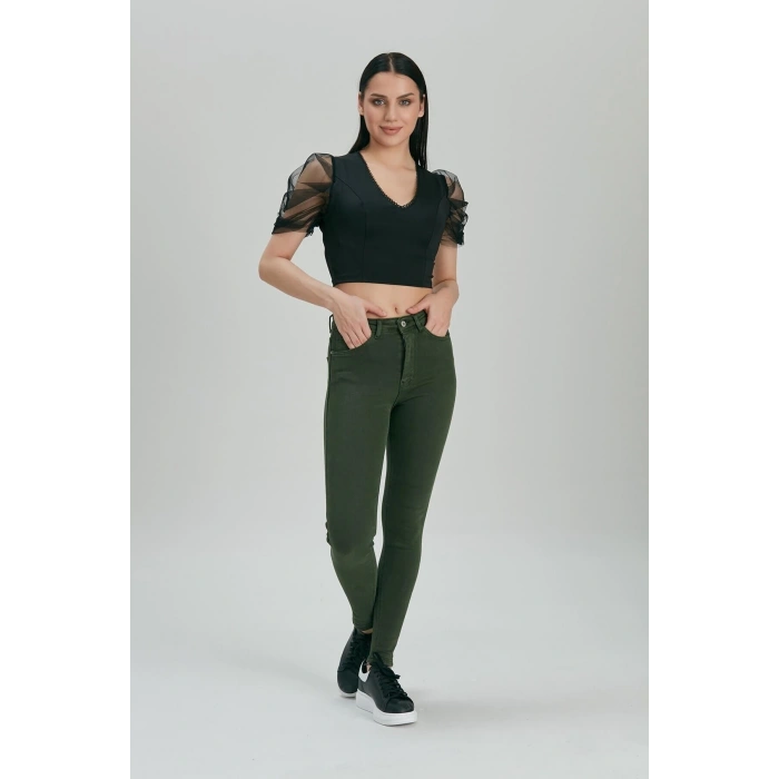 Kadın Skinny Fit Yüksek Bel Jeans Haki Likralı
