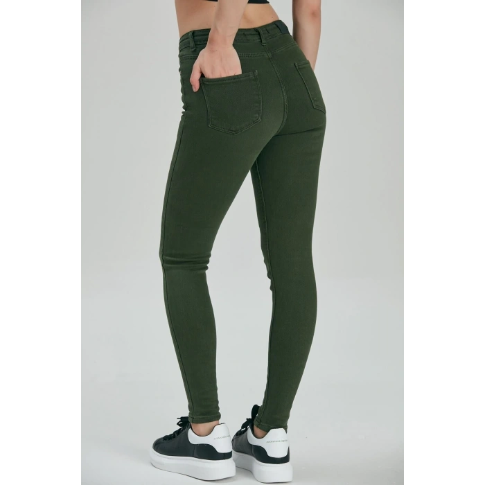 Kadın Skinny Fit Yüksek Bel Jeans Haki Likralı