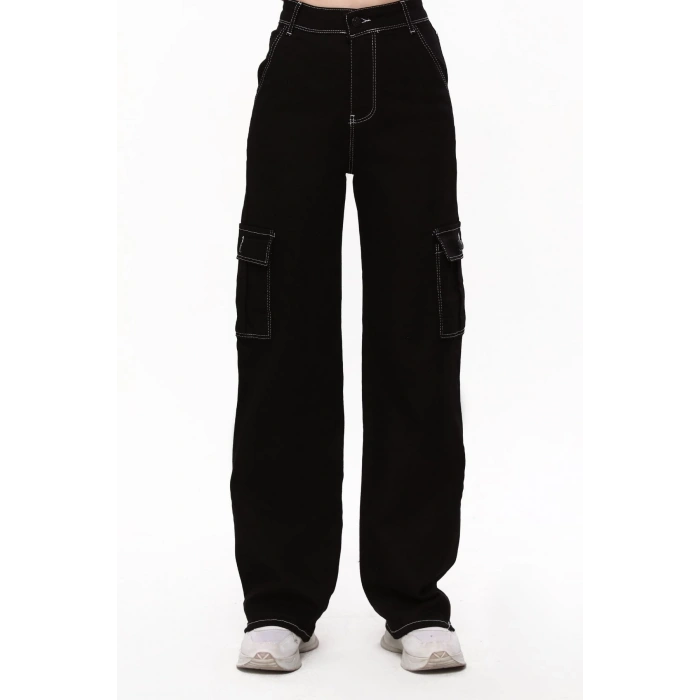 Süper Beyaz Dikişli Yüksek Bel Palazzo Kargo Jean (412-)