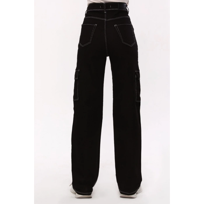 Süper Beyaz Dikişli Yüksek Bel Palazzo Kargo Jean (412-)