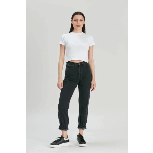 Kadın Füme Mom Jeans Püsküllü Lastik Paça