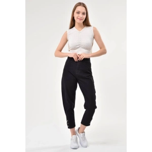 Kadın Paça Düğme Detay Mom Jean Siyah