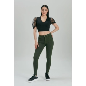 Kadın Skinny Fit Yüksek Bel Jeans Haki Likralı