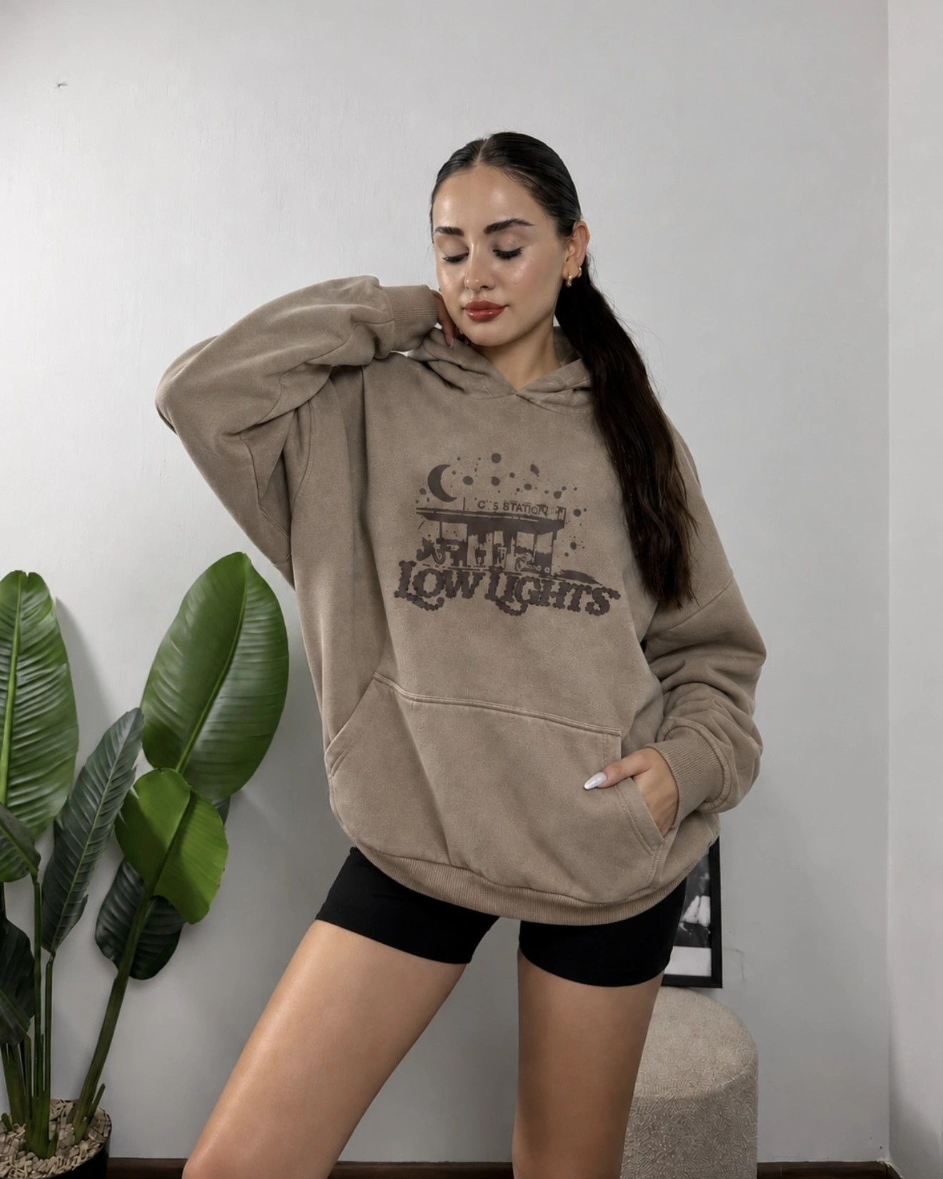 LLS Deri Detaylı Baskılı Oversize Hoodie Sweat