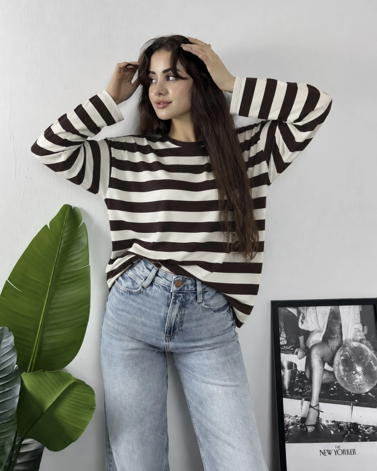 Massimo Orj Marka Çizgili Kahve Oversize Sweatshirt