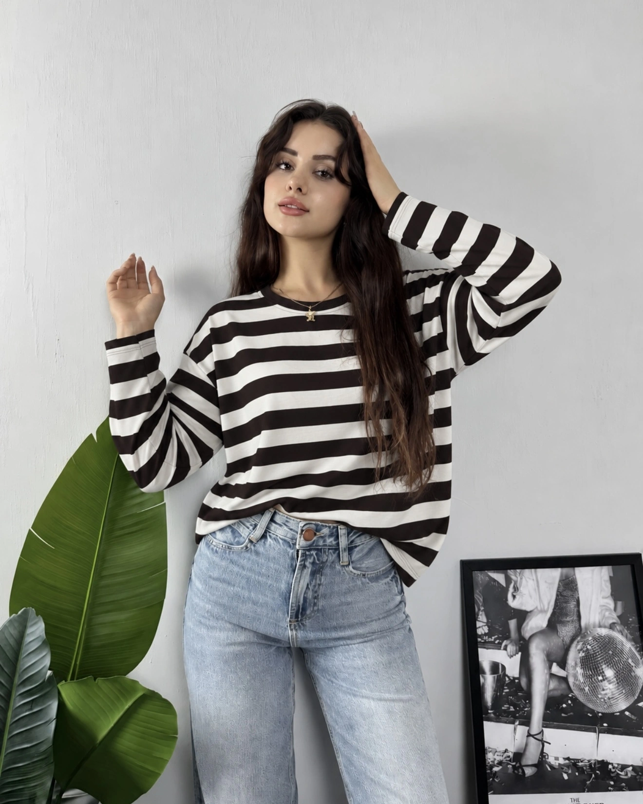 Massimo Orj Marka Çizgili Kahve Oversize Sweatshirt