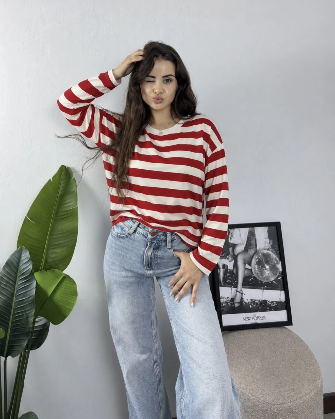 Massimo Orj Marka Çizgili Kırmızı Oversize Sweatshirt