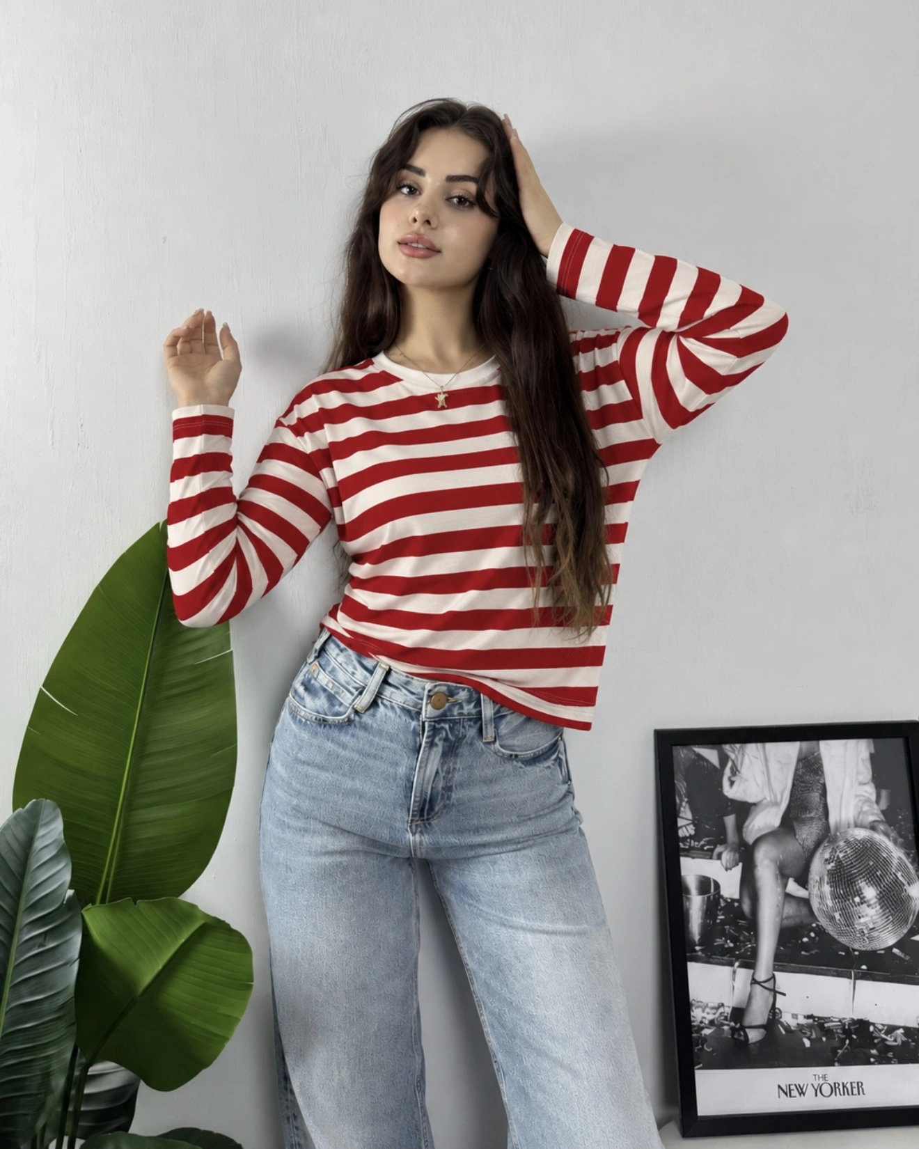 Massimo Orj Marka Çizgili Kırmızı Oversize Sweatshirt