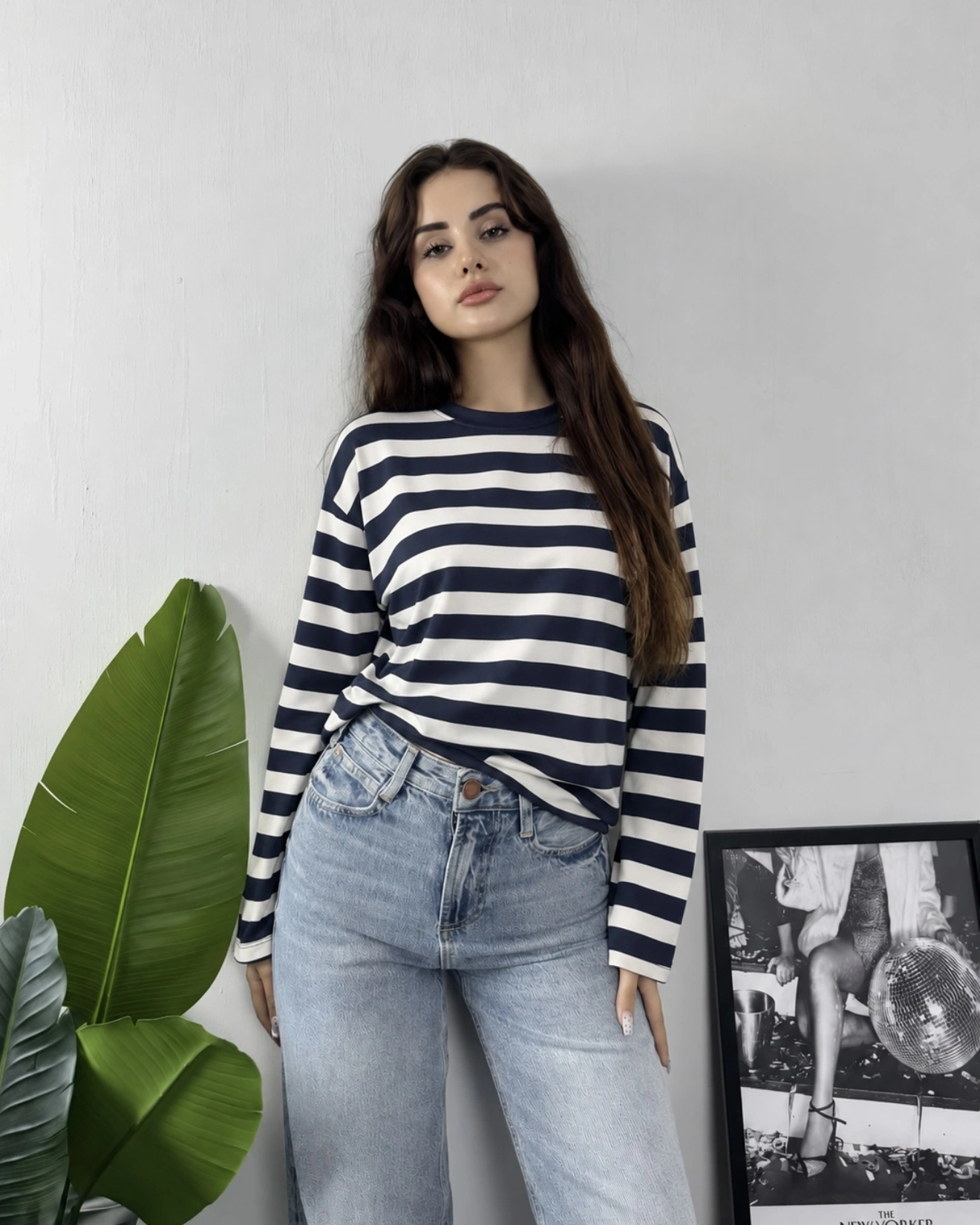 Massimo Orj Marka Çizgili Lacivert Oversize Sweatshirt