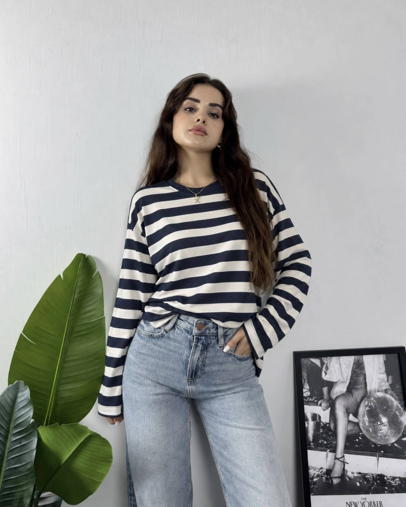 Massimo Orj Marka Çizgili Lacivert Oversize Sweatshirt