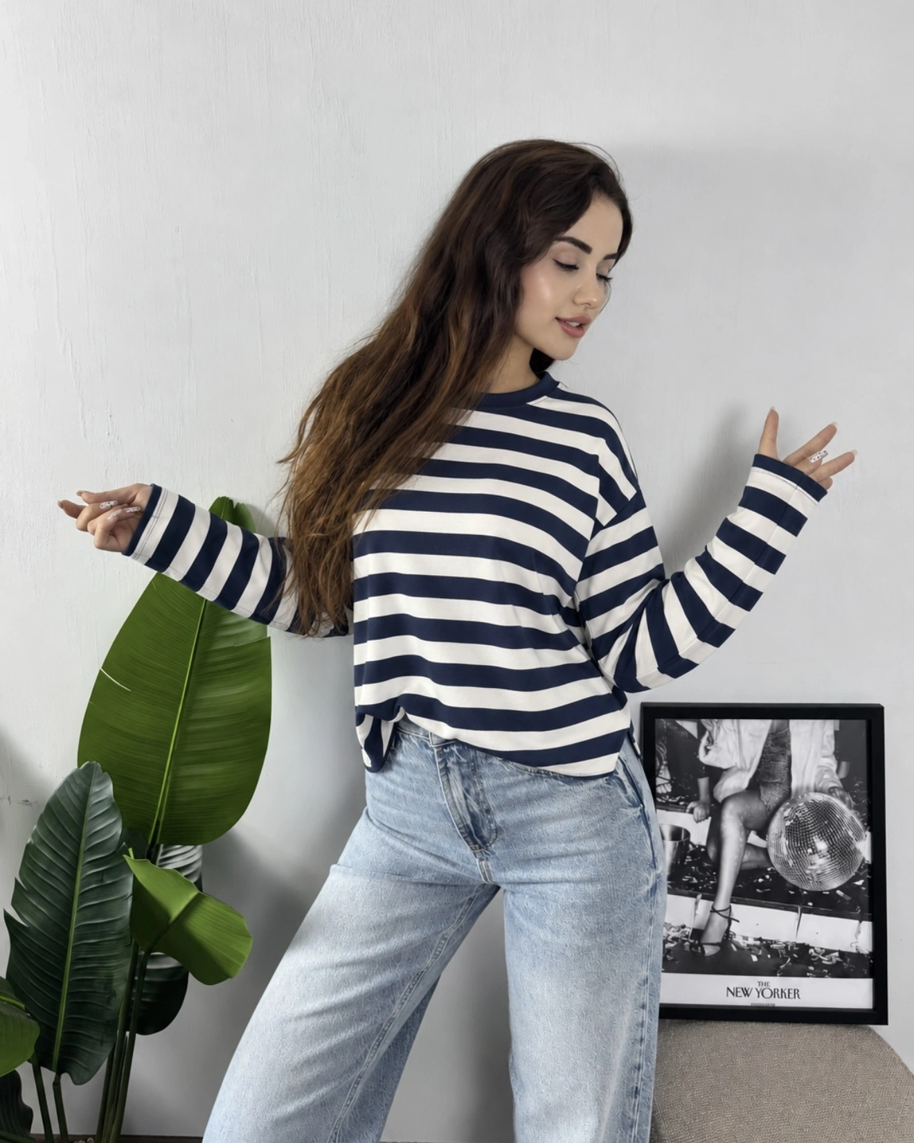 Massimo Orj Marka Çizgili Lacivert Oversize Sweatshirt