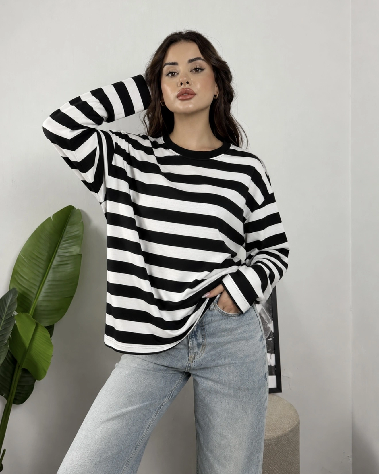 Massimo Orj Marka Çizgili Siyah Oversize Sweatshirt
