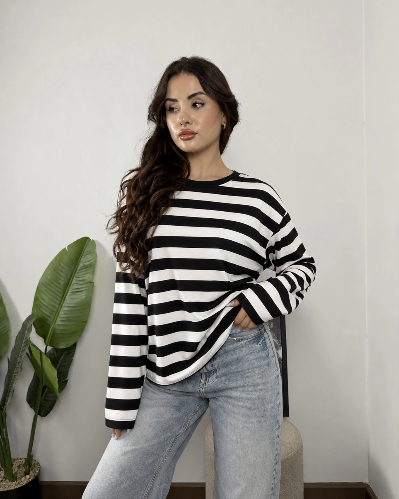 Massimo Orj Marka Çizgili Siyah Oversize Sweatshirt