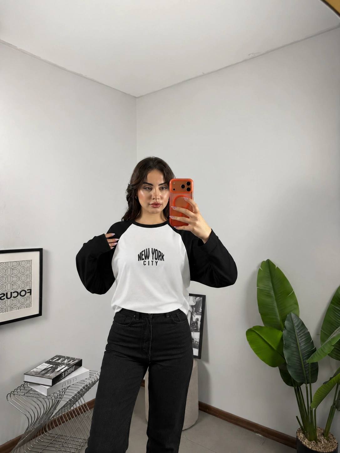 Reglan Kol NYC Baskılı Bluz Beyaz