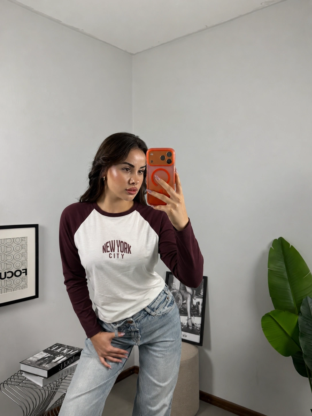 Reglan Kol NYC Baskılı Bluz Bordo