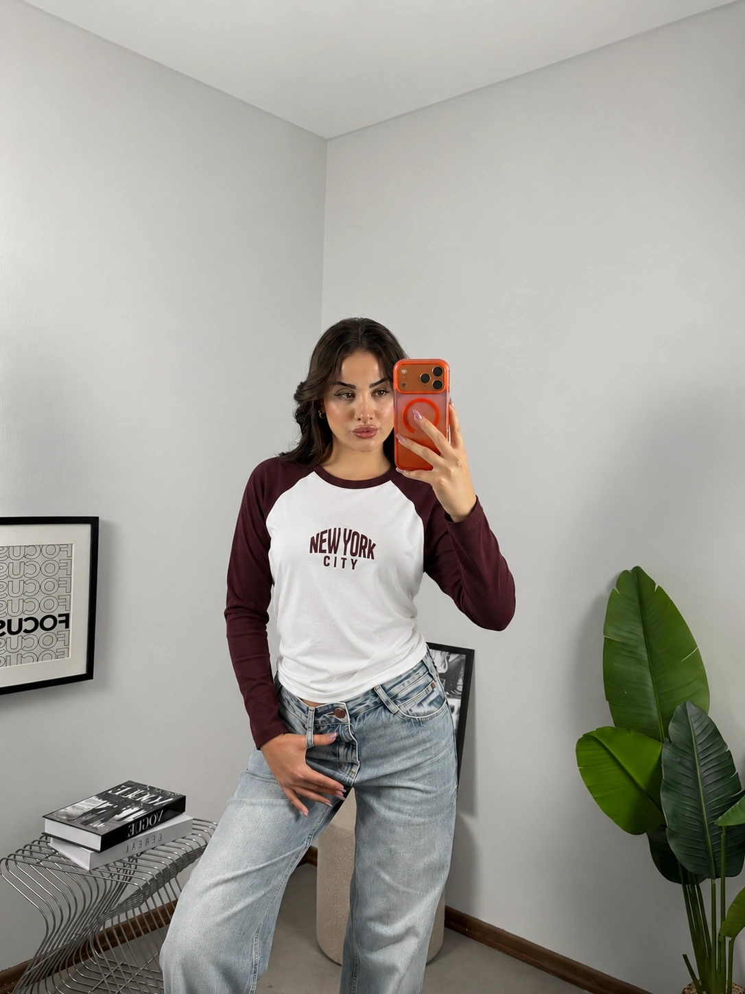 Reglan Kol NYC Baskılı Bluz Bordo