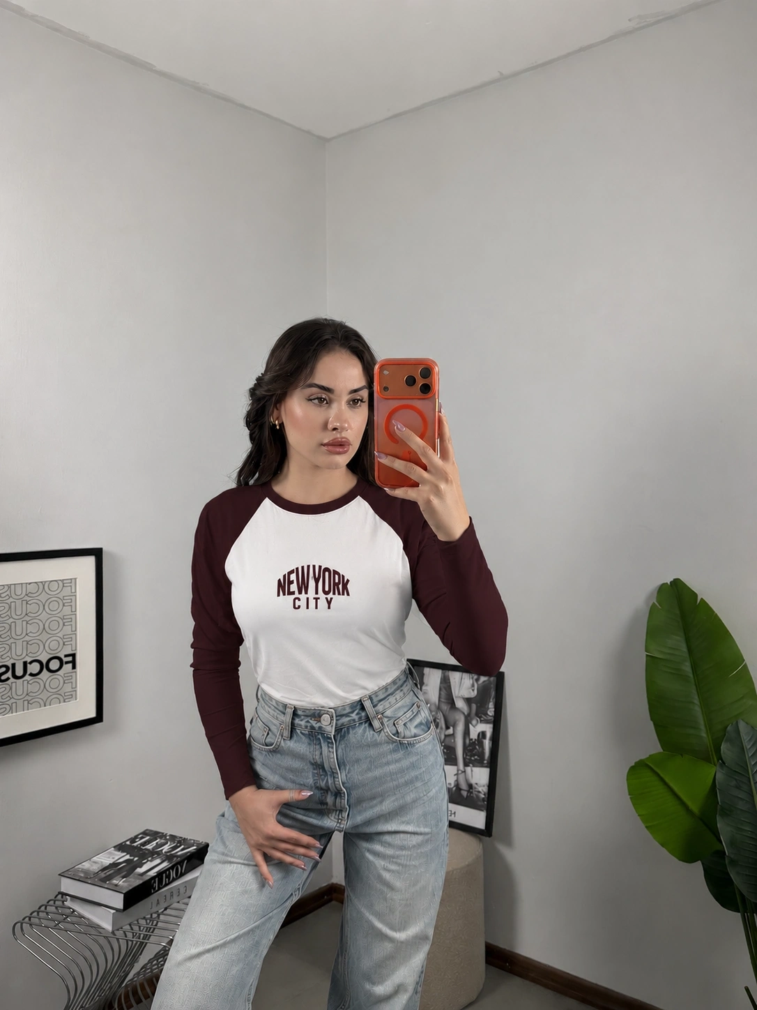 Reglan Kol NYC Baskılı Bluz Bordo