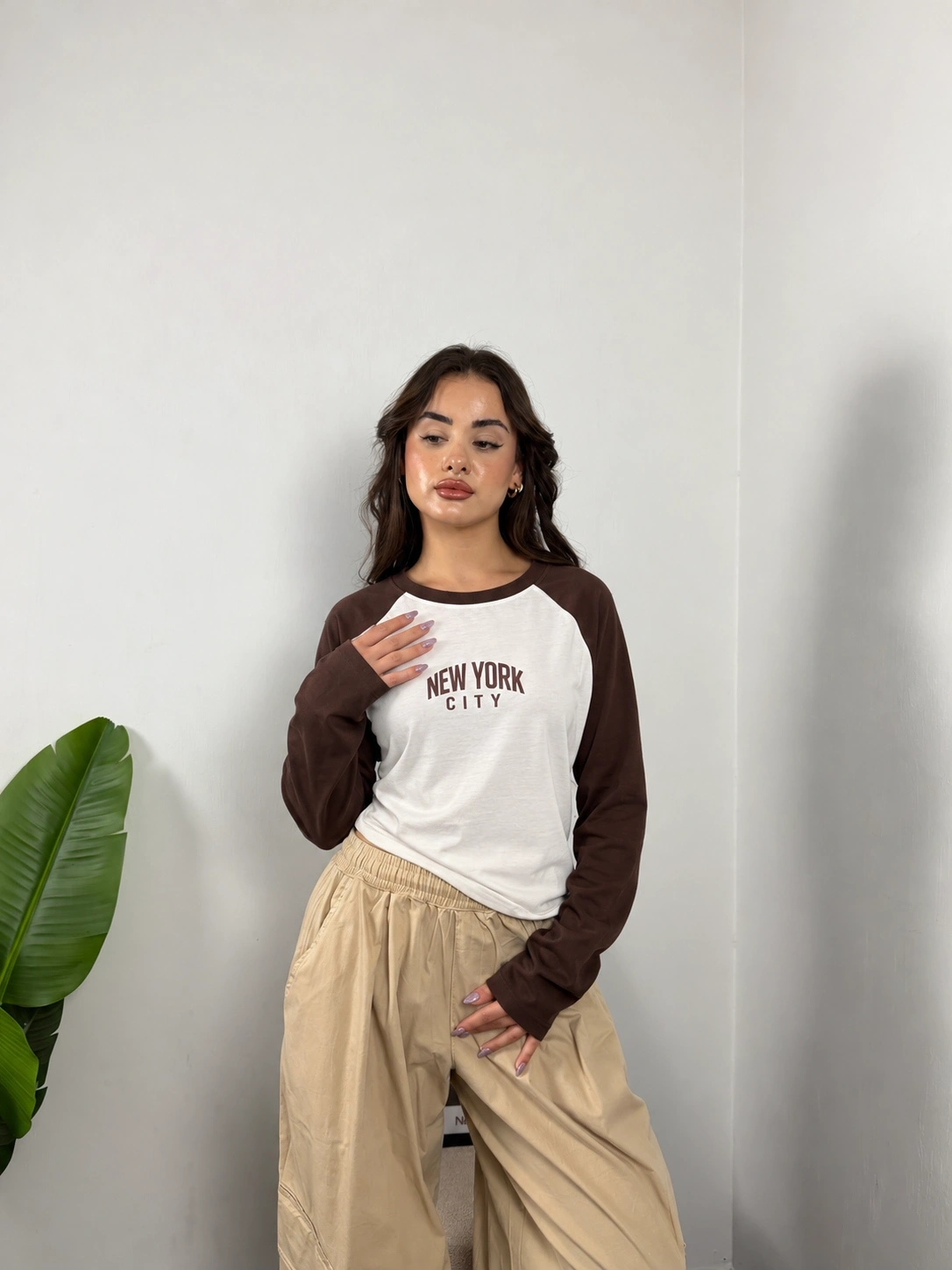 Reglan Kol NYC Baskılı Bluz Kahve