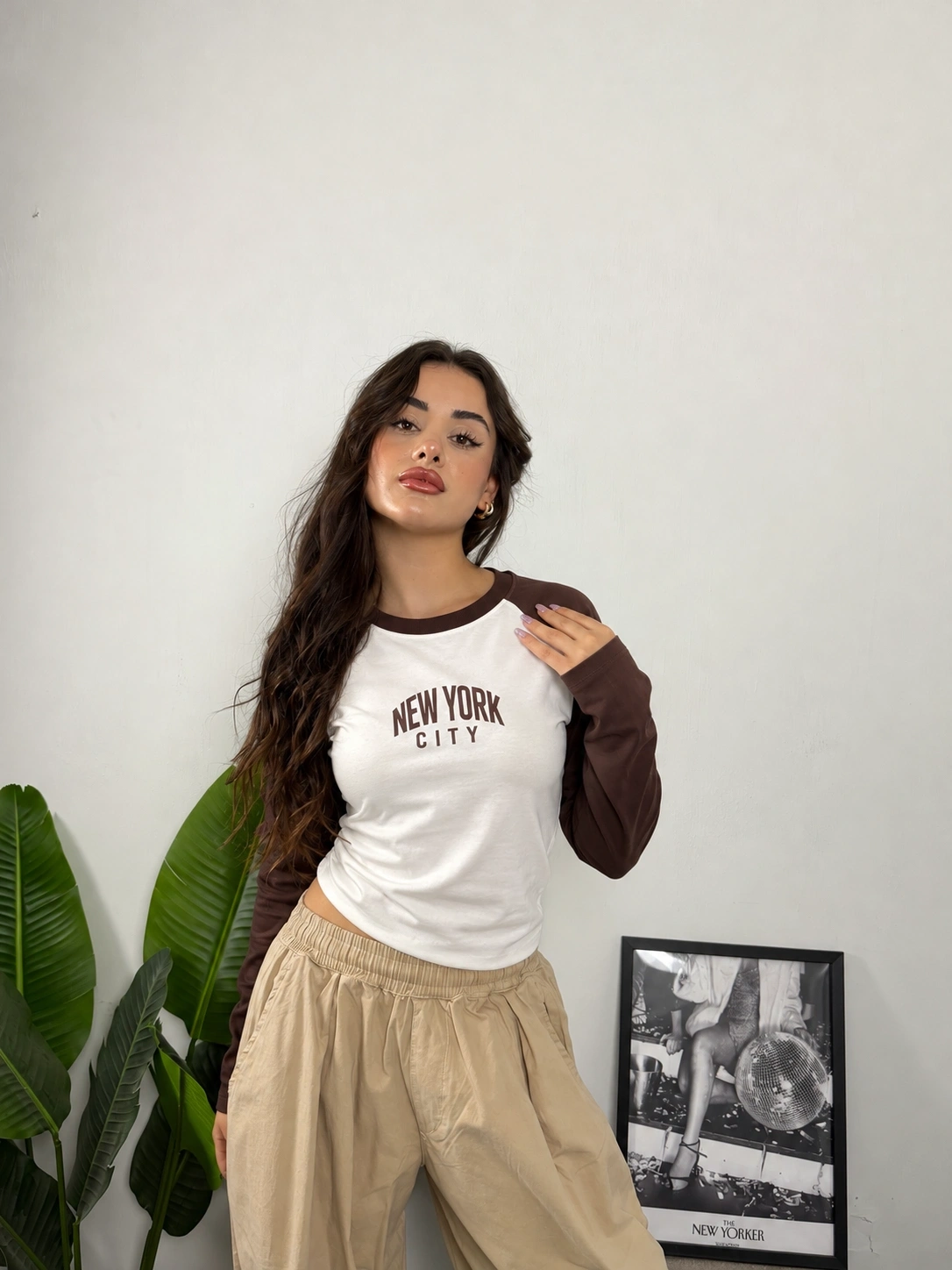 Reglan Kol NYC Baskılı Bluz Kahve