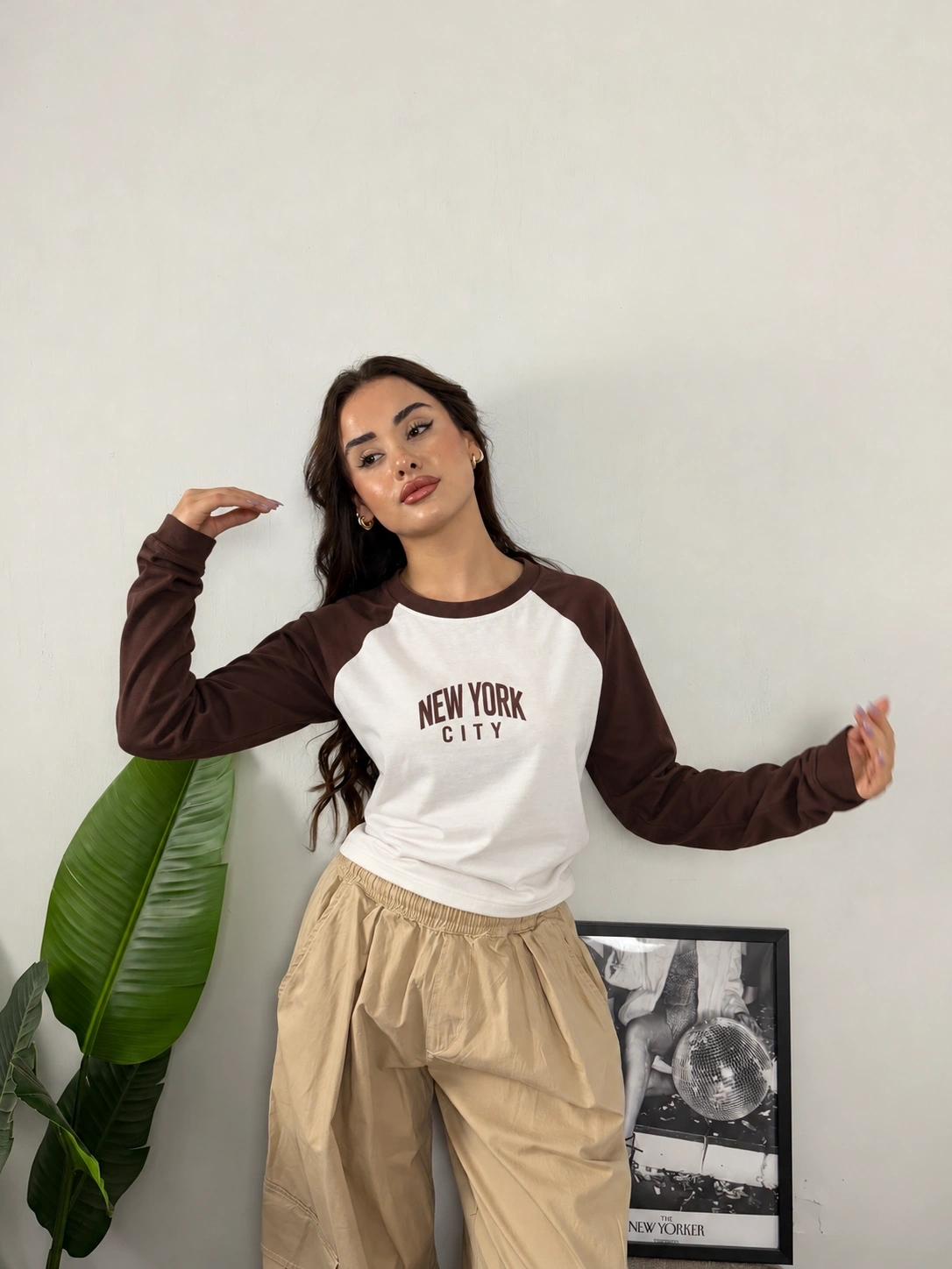 Reglan Kol NYC Baskılı Bluz Kahve
