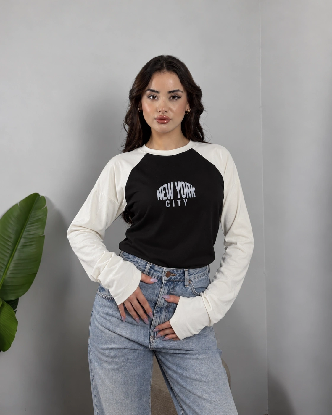 Reglan Kol NYC Baskılı Bluz Siyah