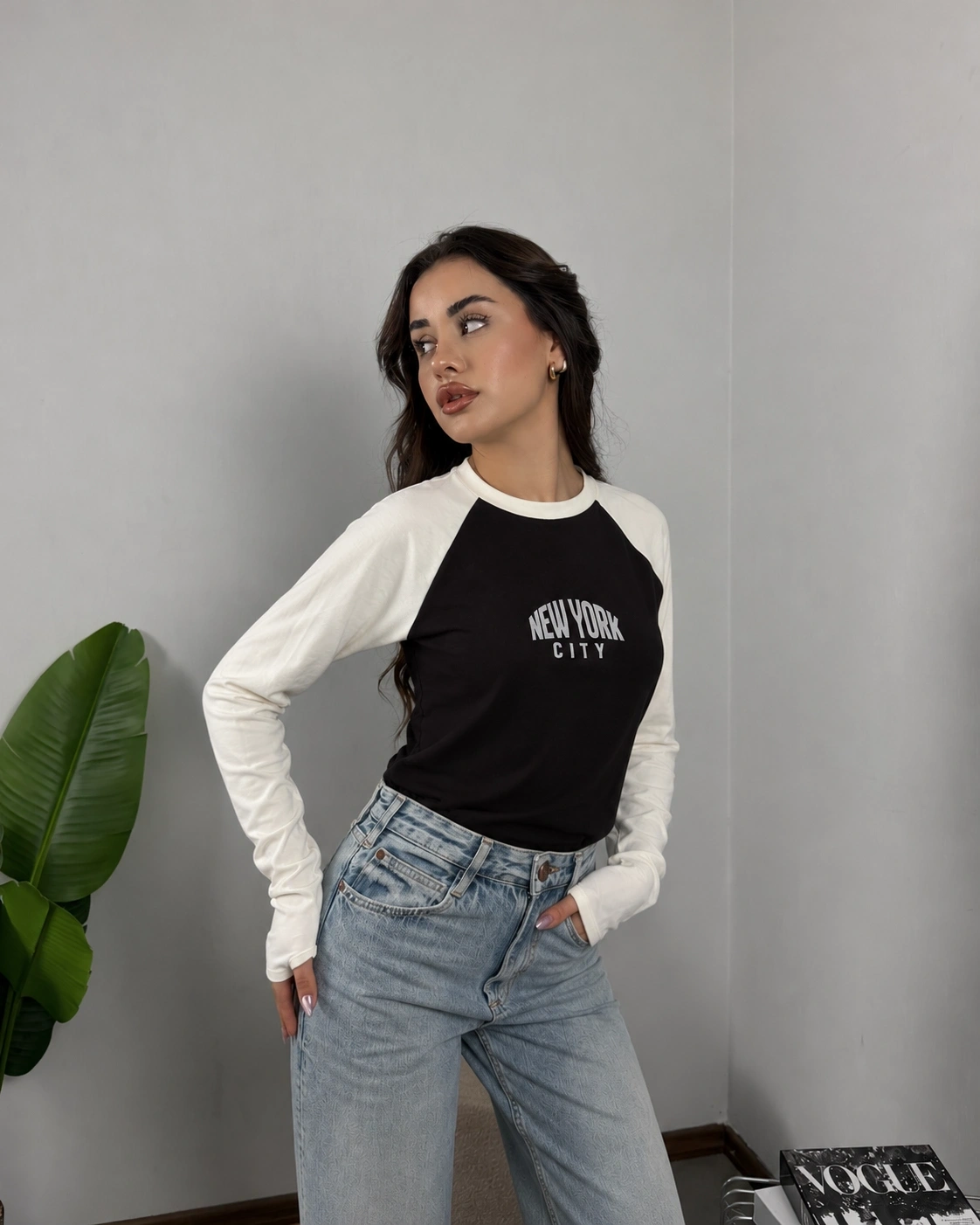 Reglan Kol NYC Baskılı Bluz Siyah