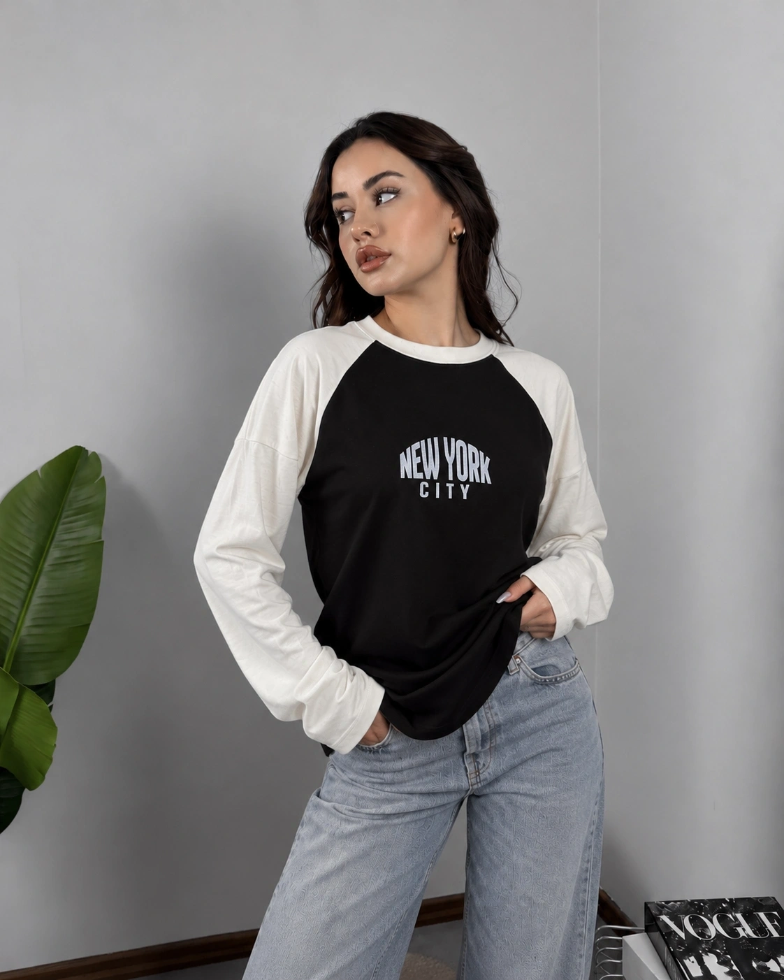 Reglan Kol NYC Baskılı Bluz Siyah