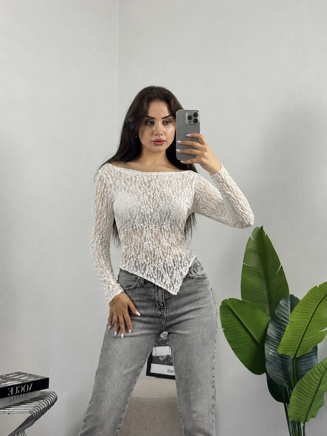 Transparan Dantelli Çapraz Kesim Bluz