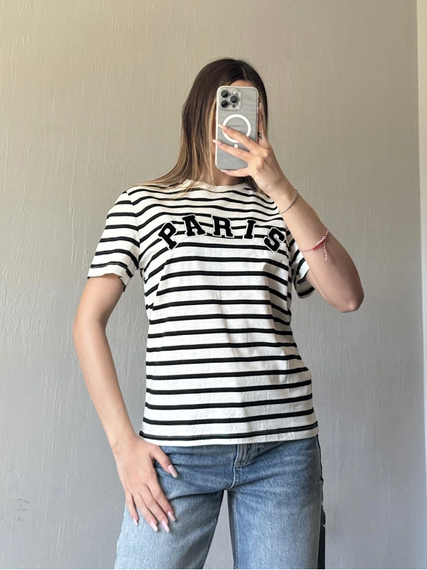 Çizgili Paris Nakışlı Tshirt