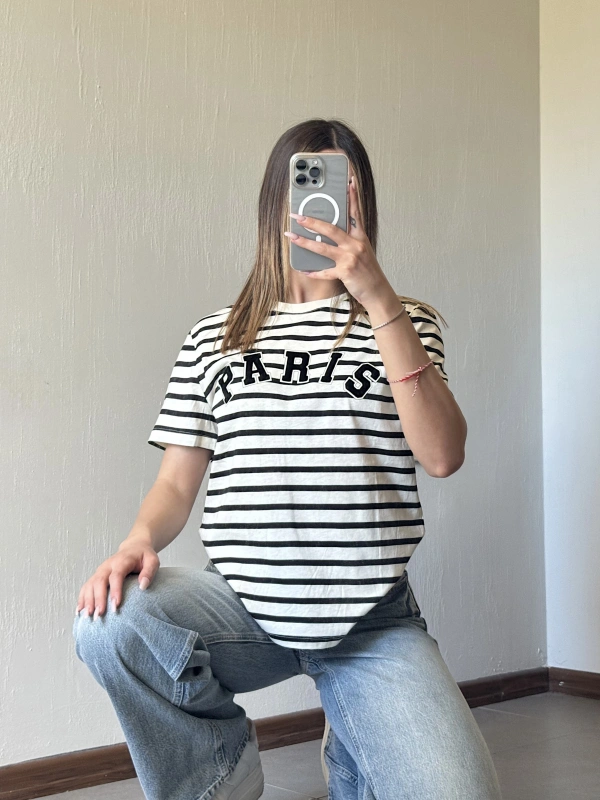 Çizgili Paris Nakışlı Tshirt