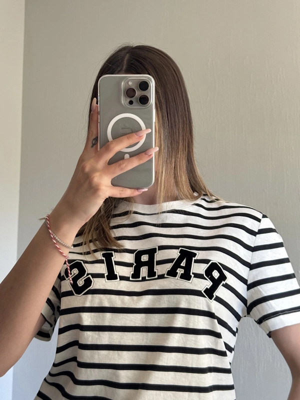 Çizgili Paris Nakışlı Tshirt