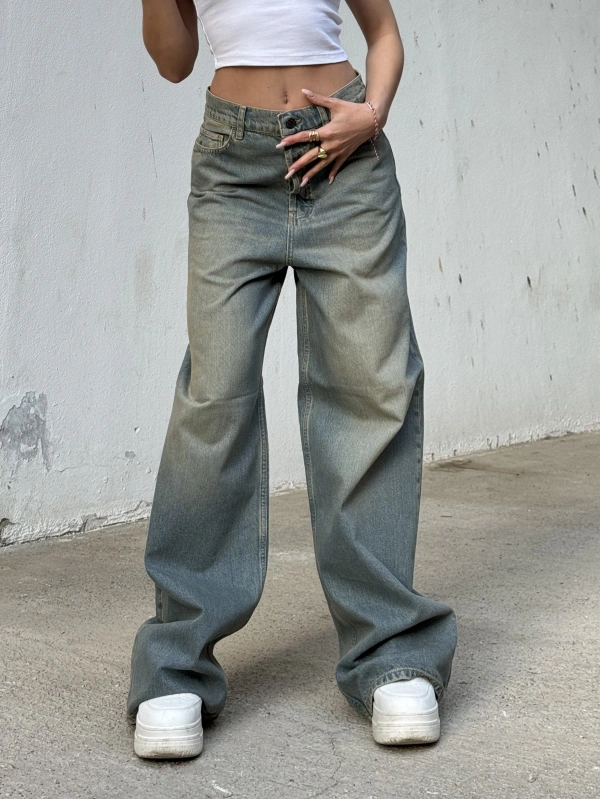 Brshka Düğmeli Eskitme Unisex Baggy Pantolon