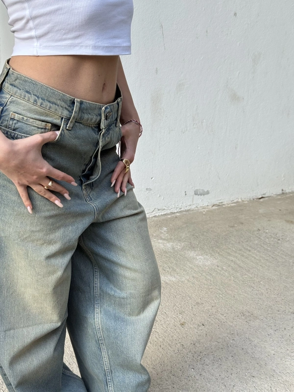 Brshka Düğmeli Eskitme Unisex Baggy Pantolon