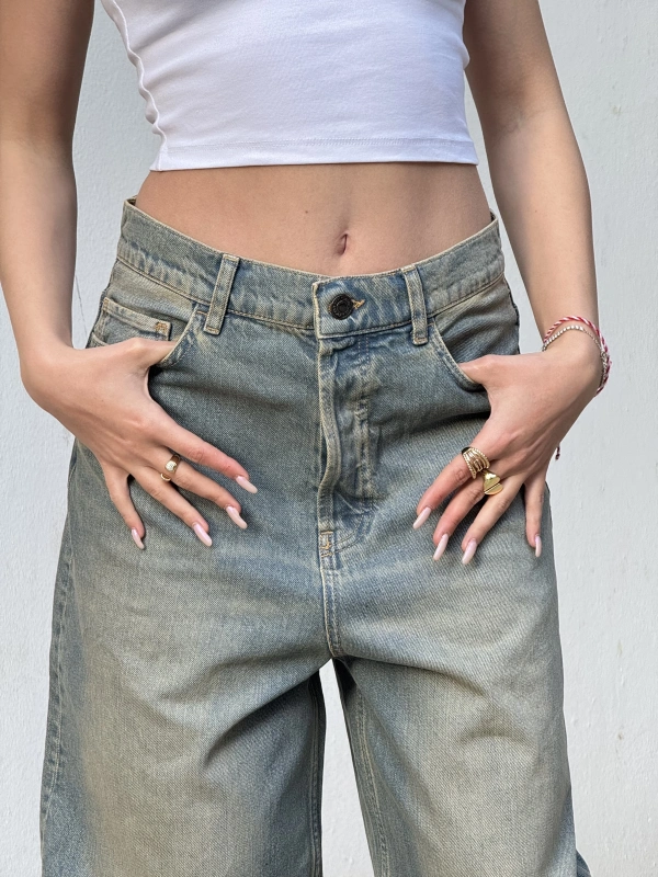 Brshka Düğmeli Eskitme Unisex Baggy Pantolon