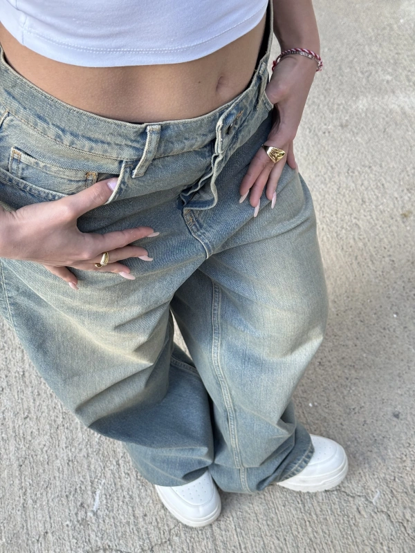 Brshka Düğmeli Eskitme Unisex Baggy Pantolon