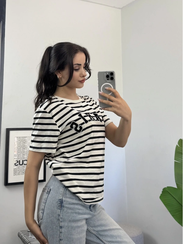 Çizgili Paris Nakışlı Tshirt