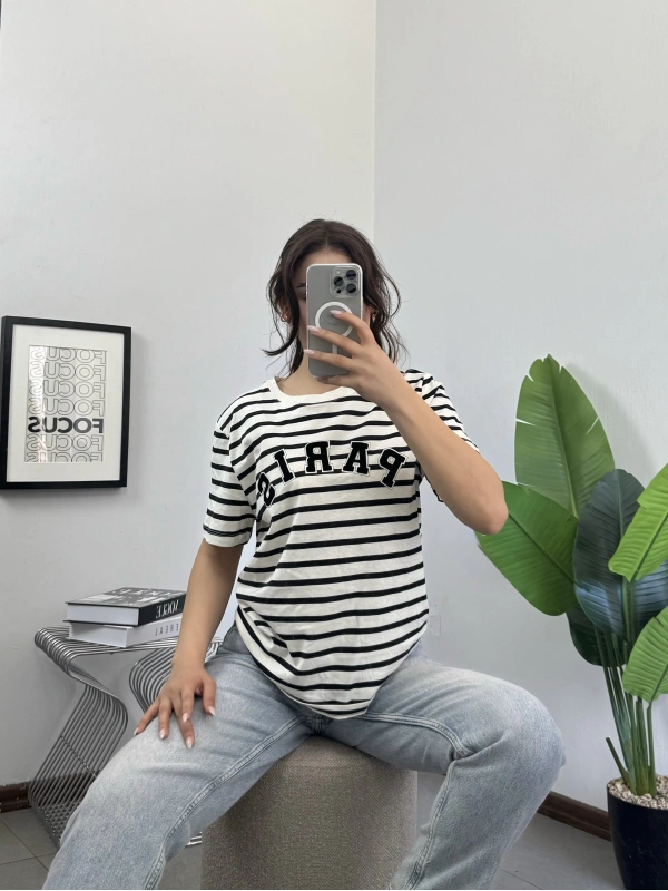 Çizgili Paris Nakışlı Tshirt