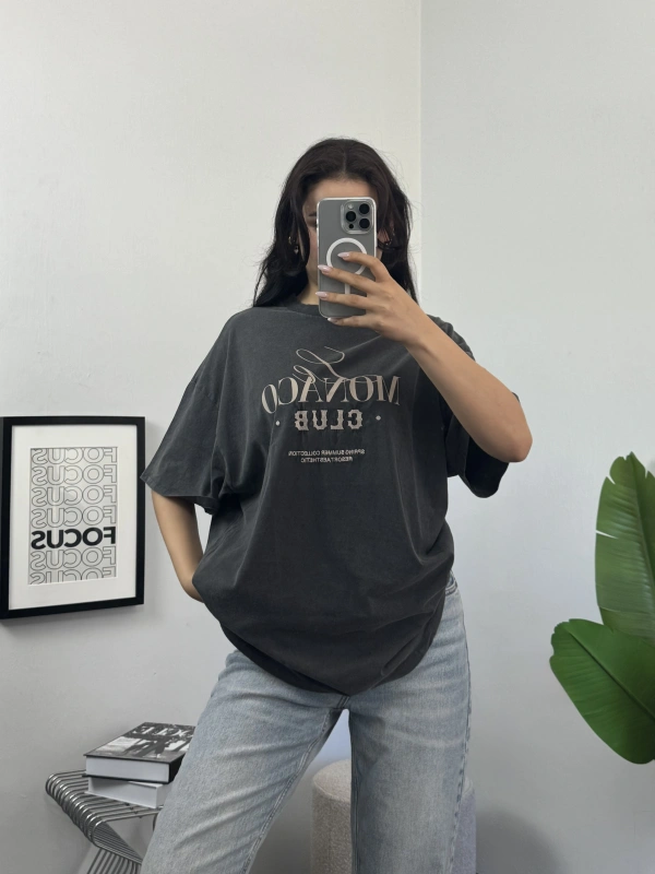 Monaco Club Yıkamalı Unisex Oversize Tshirt