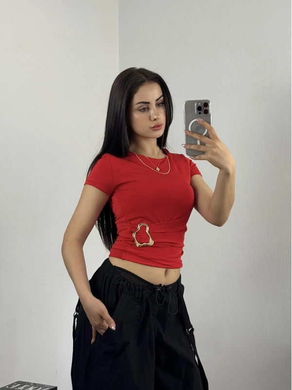 Drape Gold Tokalı Bluz Kırmızı